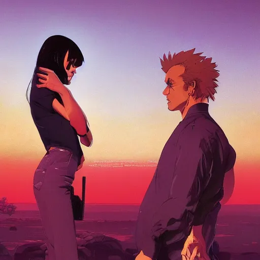 Image similar to stable diffusion stealing jobs from designers, digital painting masterpiece, by ilya kuvshinov, by frank frazetta, by mœbius, by reiq, by hayao miyazaki, intricate detail, beautiful brush strokes, advanced lighting technology, 4 k wallpaper, interesting character design, stylized yet realistic anatomy and faces, inspired by kill bill animated scene