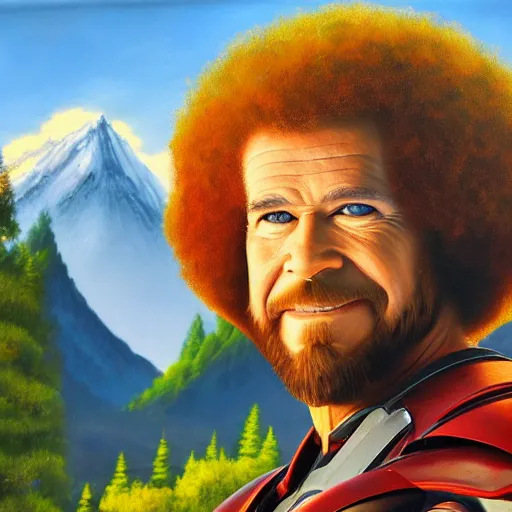Prompt: a closeup photorealistic photograph of bob ross diligently finishing a canvas painting depicting iron man. mountains and trees. film still. brightly lit scene. this 4 k hd image is trending on artstation, featured on behance, well - rendered, extra crisp, features intricate detail, epic composition and the style of unreal engine.