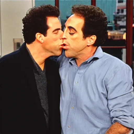 Prompt: jerry seinfeld kissing kramer