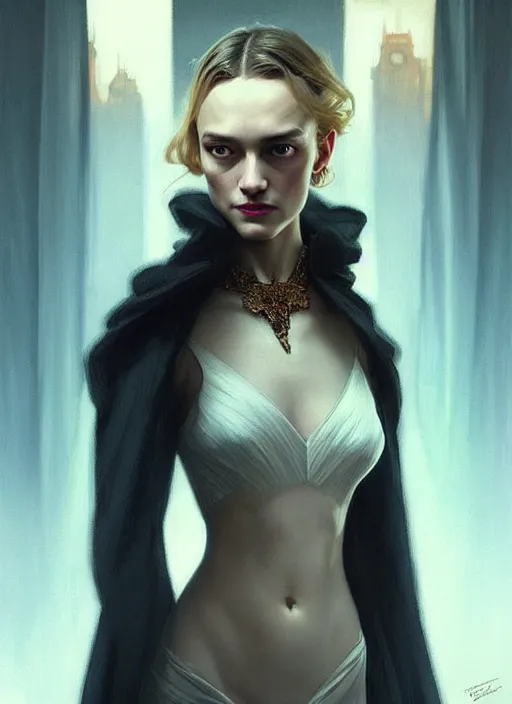 Prompt: “ beautiful daria strokous as a cruel femme fatale intricate, elegant, highly detailed, digital painting, artstation, concept art, movie still, smooth, sharp focus uhd 8 k, art by artgerm and greg rutkowski and alphonse mucha ”