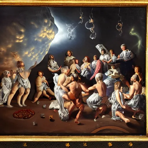 Prompt: ultra detailed baroque painting of astronauts performing a seance on the moon