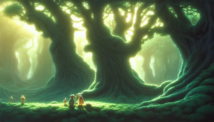 Prompt: a geant oak tree in a forest of ori and the will of the wisps, studio ghibli, painted by tim hildebrandt, michael whelan, background environment. desaturate, fog. 8 k