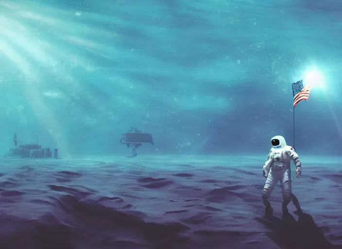 Prompt: astronaut holding a flag in an underwater desert. a submarine is visible in the distance. dark, concept art, cinematic, dramatic, atmospheric, 8 k, trending on artstation, blue, fish, corals, low visibility, light rays, extremely coherent, bubbles, fog, ocean floor, christopher nolan, interstellar