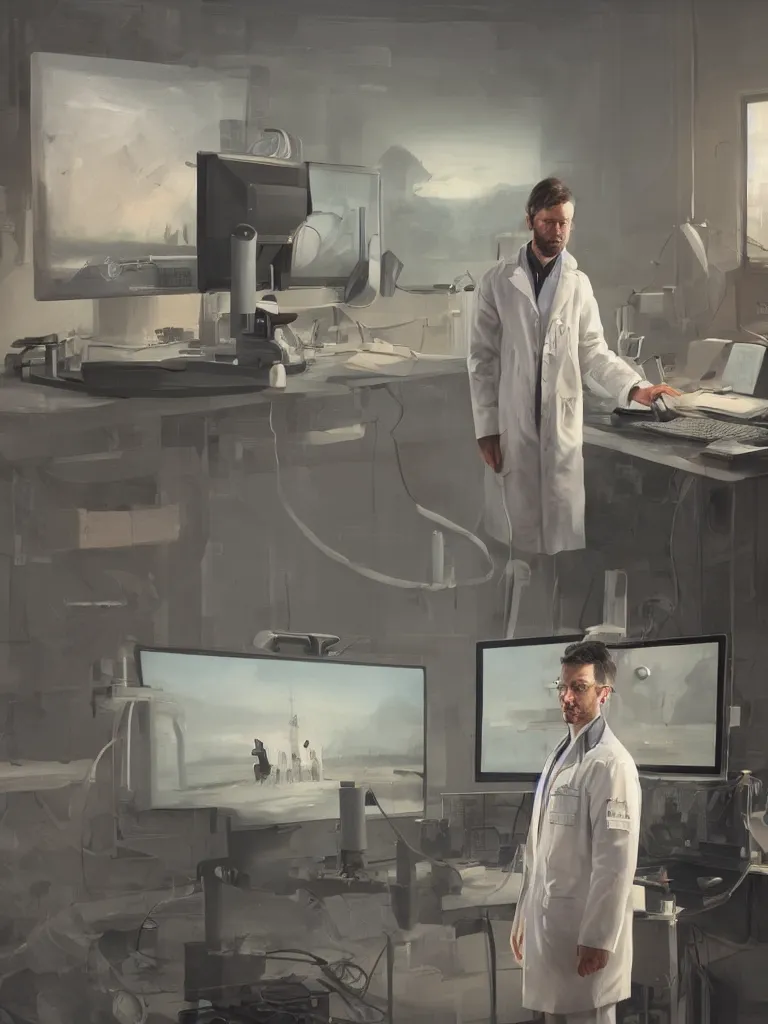 Image similar to a portrait of a researcher in a white coat in front of many computer and screens in a painting from stalenhag, 4 k, 8 k, hdr, artstation