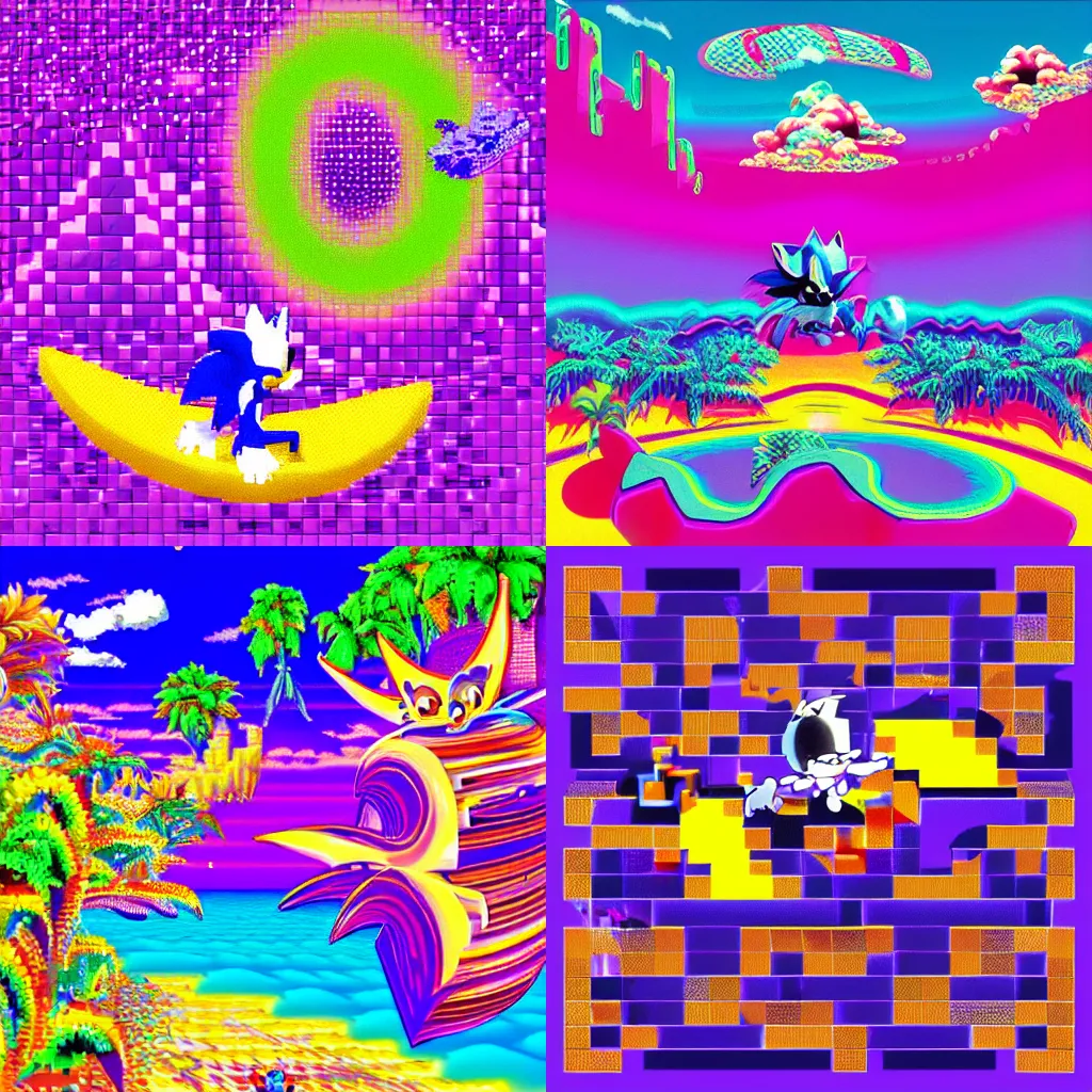 Prompt: surreal, sharp, detailed professional, high quality airbrush vaporwave art MGMT album cover of a liquid dissolving LSD DMT sonic the hedgehog surfing through pixel lands, purple checkerboard background, 1990s 1992 Sega Genesis video game album cover sonic hedgehog