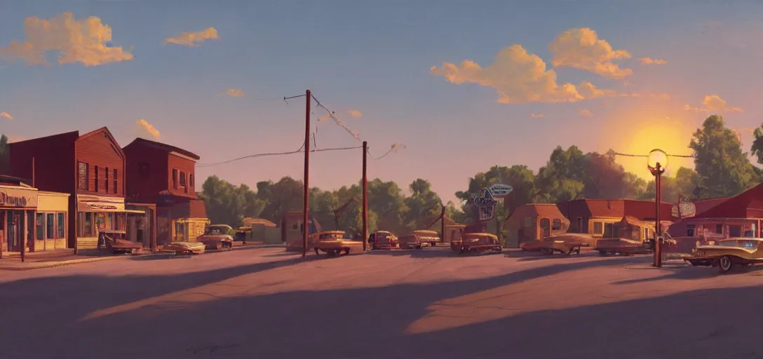 Image similar to concept art of a small rural town in middle America in the 1960s, detailed, Americana, golden hour