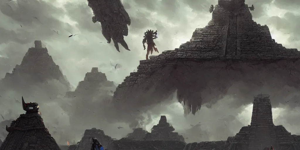 Image similar to A Mayan warrior watching ominous alien spacecraft flying above the Mayan temple. Intense dramatic epic sci-fi cinematic concept artwork in the style of Jacek Pilarski and Greg rutkowski and Sylvain Lorgeou. Trending on artstation