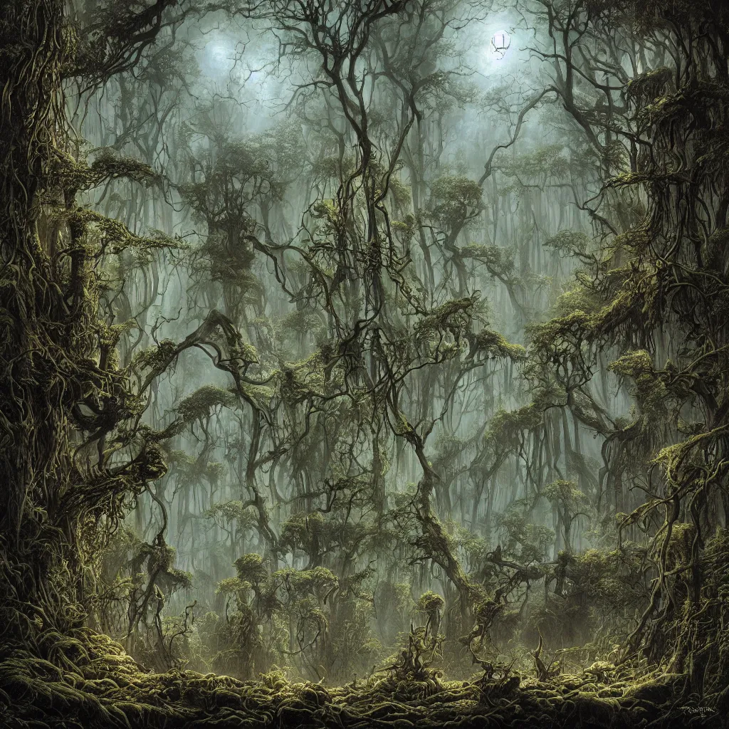 Prompt: an eerie dark lush forest at night, upward cinematic angle, J.R.R. Tolkien, by Rodney Matthews, P. Craig Russell and Michael Kaluta, dim moonlight, beautiful composition, intricate, elegant, digital art, detailed, mixed media painting, hyperrealistic, sharp focus, 8k