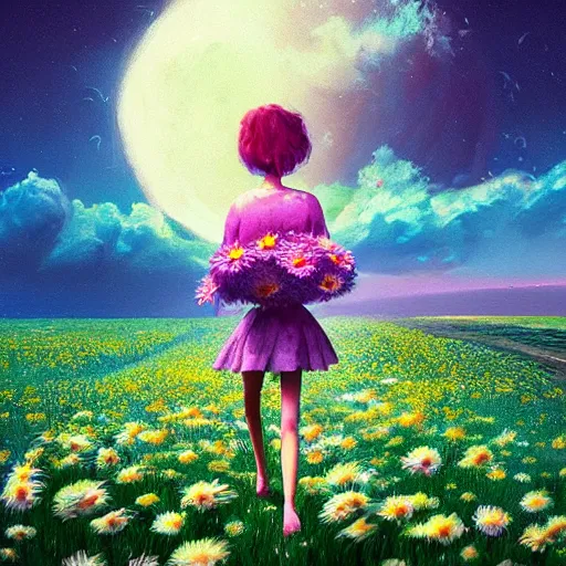 Image similar to giant daisy flower as a head, girl walking in flower field, surreal photography, moon light, dramatic, impressionist painting, colorful clouds, digital painting, artstation, simon stalenhag