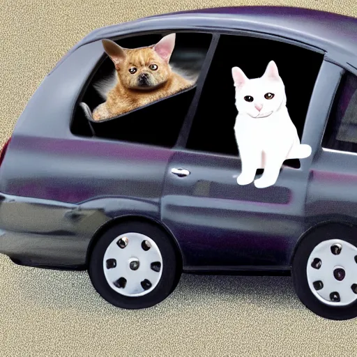 Image similar to dog and cat driving a car with obama sitting on top of car