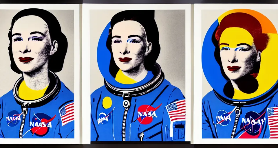 Image similar to a triptych of close up portraits of a very ordinary young woman in a NASA spacesuit, by andy warhol, colorful screenprint and scrawled charcoal lettering, anatomically correct, beautiful perfect face, sharp focus, Highly Detailed, Cinematic Lighting, 8k, HD