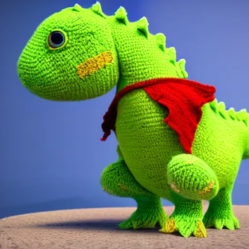 Image similar to super cute sad dinosaur made out of sweaters and yarn octane rendering vivid cinematic lighting 4k