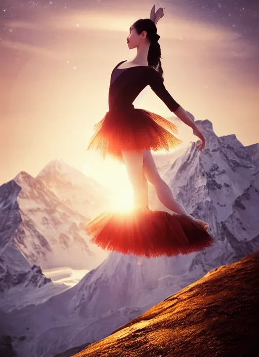 Image similar to stunningly beautiful, asian prima ballerina on mt everest, golden hour, smooth, focus, highly detailed, hyper realistic, dramatic lighting, elegant, intricate, concept art, art by wlop, mars ravelo, greg rutowski