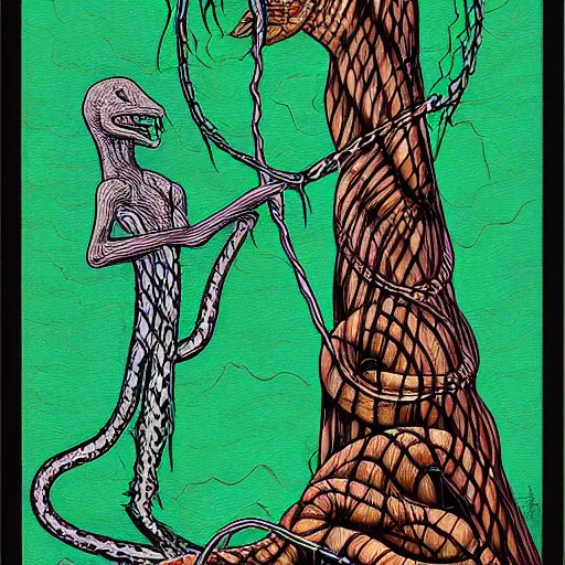 Prompt: tranquil, lines by emek golan macro photo. a art installation of a large, looming creature with a long, snake body. many large, sharp teeth, & eyes glow. wrapped around a large tree, bent under the weight. small figure in foreground, a sword, dwarfed by the size of the creature.