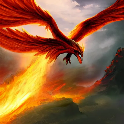 Prompt: Dalle-Mini - A Phoenix Flying Out of a Volcano on a Tropical Island, High Fantasy, Digital Painting, HDR, Trending on Artstation
