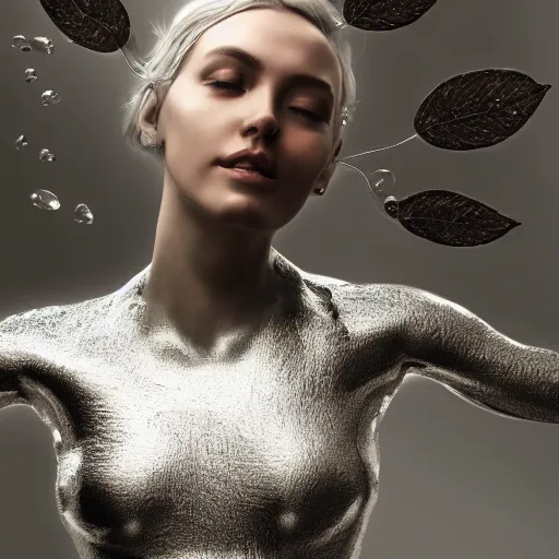 Image similar to a highly detailed digital image of a futuristic woman elegantly wrapped with silver leaves, by Andrea Chiampo, artstation and Frederik Heyman, extremely detailed woman, stunning volumetric lighting, hyper realism, fantasy 4k