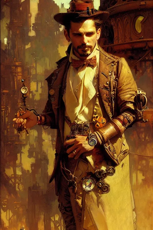 Prompt: attractive man, steampunk style, painting by gaston bussiere, craig mullins, greg rutkowski, alphonse mucha