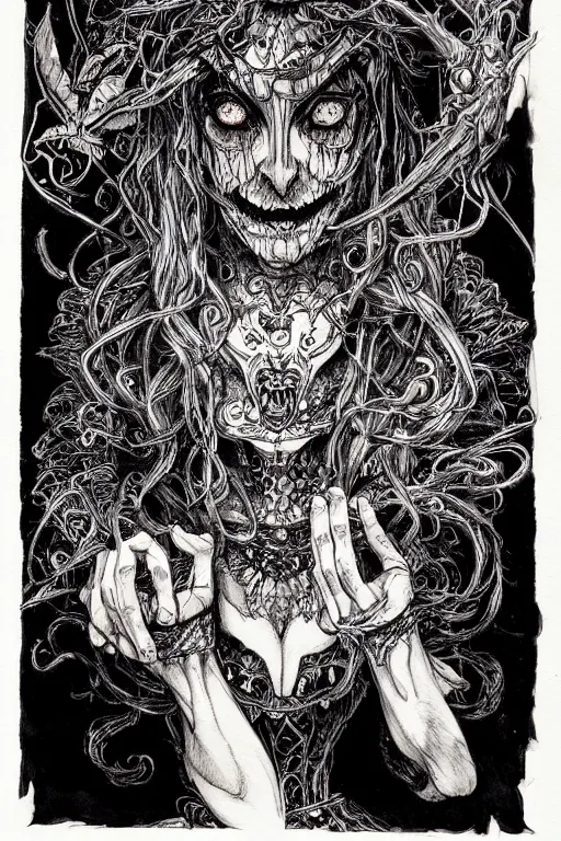 Prompt: portrait Scary, Evil, Alice in wonderland tarot card , pen and ink, intricate line drawings, by Yoshitaka Amano, Ruan Jia, Kentaro Miura, Artgerm, watercolor