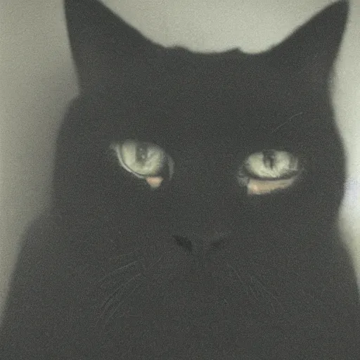 Prompt: black cloudy shadow in a cat shape, cuddly fur, blurry, mystical, misty, dreamy, shadow polaroid photo