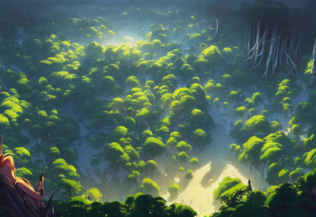 Prompt: high view of the background of a forest that has an endless pit in the bottom of the image, stylised painting, visible brush strokes, forest, medieval architecture, dynamic lighting, aesthetics, smooth, d & d, fantasy, asymmetrical, intricate, elegant, matte painting, by makoto shinkai borderlands and by feng zhu rossdraws