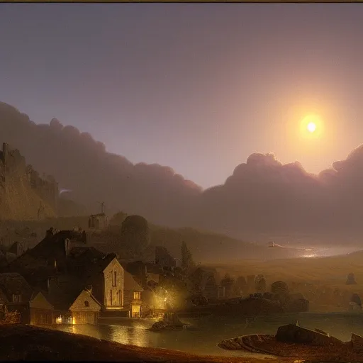 Image similar to dark solar eclipse, above a village, highly detailed, studio 4 k quality, by alexandre calame