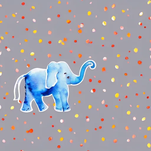 Prompt: watercolor gray baby elephant with trunk up in air and confetti flying in air, white background, blank background