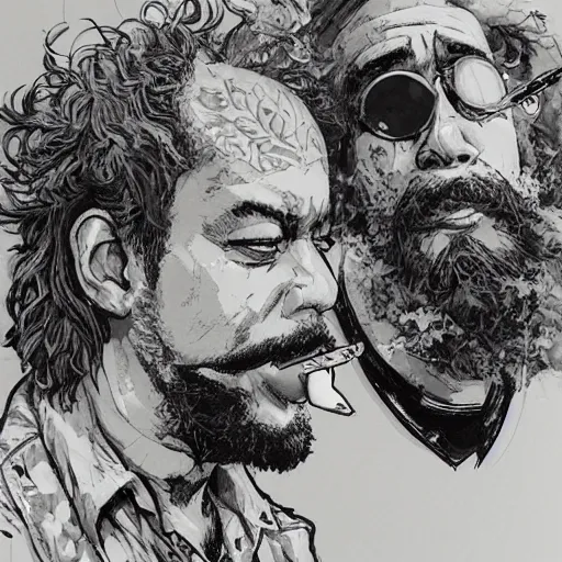 Prompt: portrait of cheech and chong smoking weed, smoke, concept art, sumi - e style, intricate linework, artstation, trending, highly detailed, smooth, focus, art by yoji shinkawa,