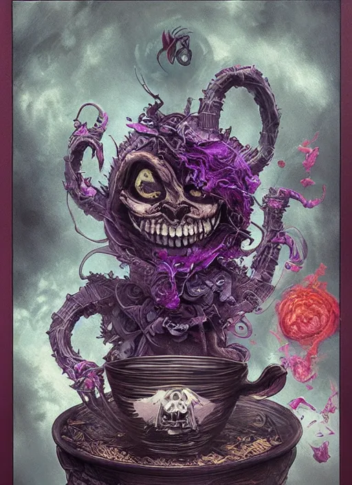 Image similar to Angry Cheshire Cat brewing tea, Death Tarot card,highly detailed,half skull face,cinematic,8k,by Stanley Artgermm,Tom Bagshaw,Greg Rutkowski,Carne Griffiths, Ayami Kojima, Beksinski, Giger,trending on DeviantArt,hyper detailed,horror, full of colour