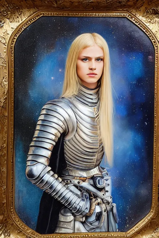 Image similar to hyperrealism oil painting, close - up portrait of european medieval blond fashion model, knight, steel gradient mixed with nebula sky, in style of baroque