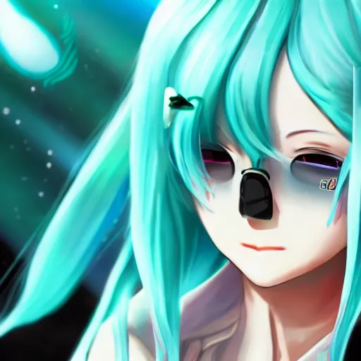 Image similar to hatsune miku high on weed with bloodshot eyes smoking with a vape pen, artstation, 4 k