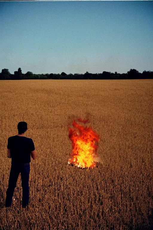 Prompt: kodak ultramax 4 0 0 photograph of a guy standing in a field, big fire in distance, back view, grain, faded effect, vintage aesthetic,