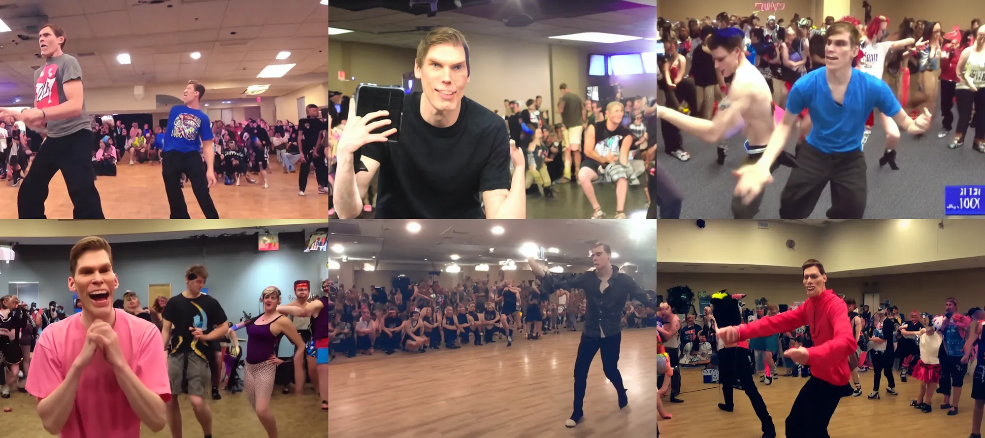 Prompt: famous streamer jeremy jerma 9 8 5 elbertson participating in a dance contest at a furry convention, still image of vlog, phone camera, dance competition