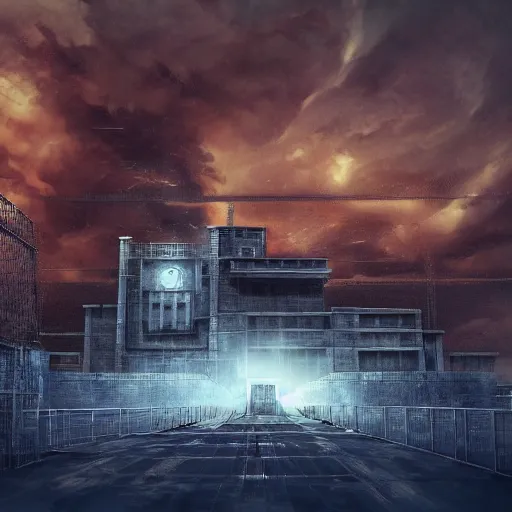 Image similar to high security prison, fantasy, large building against a menacing sky, 'the first law', cinematic, realistic style, beautiful, majestic, dramatic lighting, early morning, dawn CGsociety, realistic, hyper maximalist, golden ratio, octane render, rule of thirds, wide shot , 8k resolution, epic volumetric light, cinematography, concept art, Artstation trending, environments, fantasy