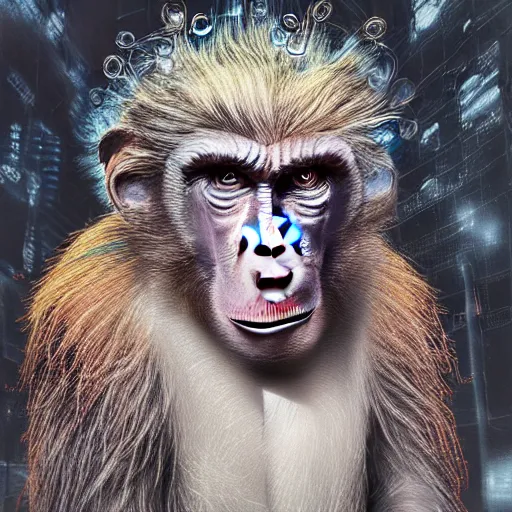 Prompt: Donald Trump as a Baboon , sitting on intricate throne, high tech, cyberpunk, dystopian, jellyfish phoenix dragon, butterfly squid, burning halo, intricate artwork by Guy Denning, very coherent symmetrical artwork, cinematic, hyper realism, high detail, octane render, unreal engine, 8k, Vibrant colors, Smooth gradients, High contrast, depth of field,
