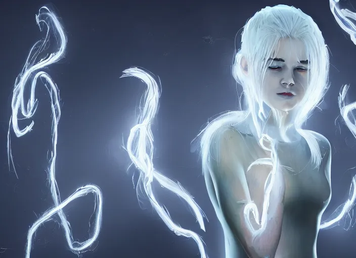 Image similar to girl with silk glowing white hair with glowing white stings coming out of her hands, concept digital art trending on artstation oilpaint