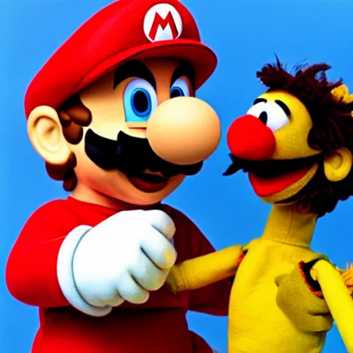 Prompt: mario as a friendly puppet, puppet by jim henson, still from sesame street, 4 k extremely detailed photography