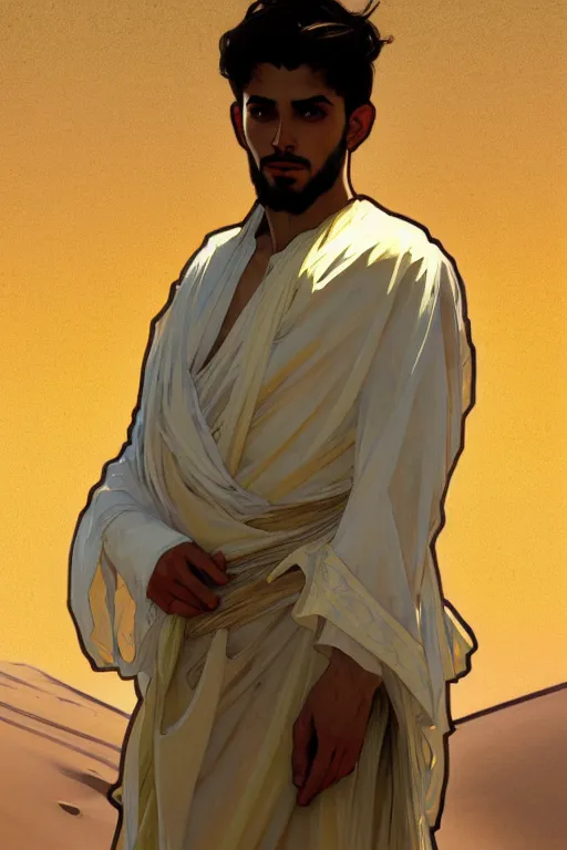 Prompt: full figure arab young man, luminous scene, by greg rutkowski and alphonse mucha, d & d character, gradient white to gold, in front of a dune desert background, highly detailed portrait, digital painting, artstation, concept art, smooth, sharp focus illustration, artstation hq