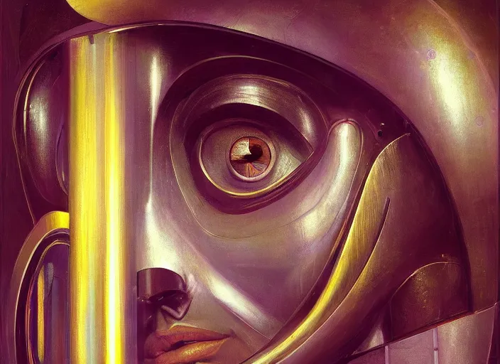 Image similar to asymmetrical portrait headshot of sci fi metallic human, bright eyes, melancholic complex geometric figure liminal biomechanical by oskar schlemmer, moebius, john berkey, film grain, oil on canvas, portrait facial head, featured on artstation, hd wallpaper, 8 k, bright colors, global radiant light