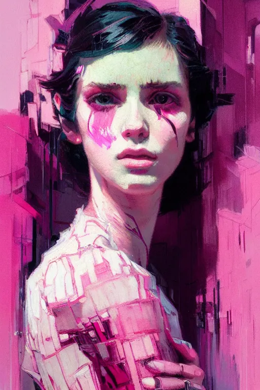 Image similar to portrait of a beautiful sad girl, dark hair, shades of pink, beautiful face, rule of thirds, intricate outfit, spotlight, by greg rutkowski, by jeremy mann, by francoise nielly, by van gogh, digital painting