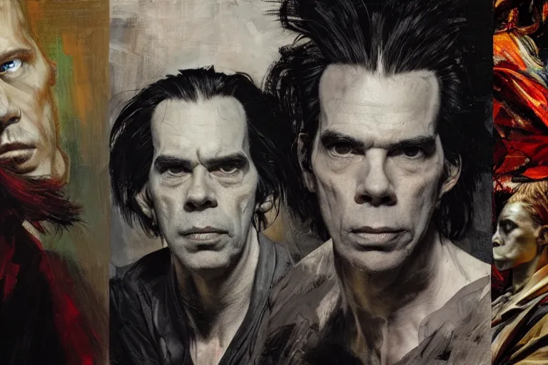 Prompt: a portrait of nick cave, masterpiece, dramatic lighting, painting by caravaggio and ruan jia and daytoner and jakub rebelka and android jones