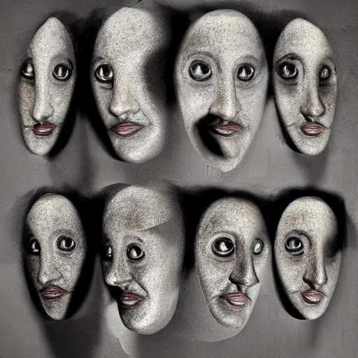 Image similar to surrealism sculpture by enrico ferrarini, multiple faces of the double shadow, meaning ferocious and split.