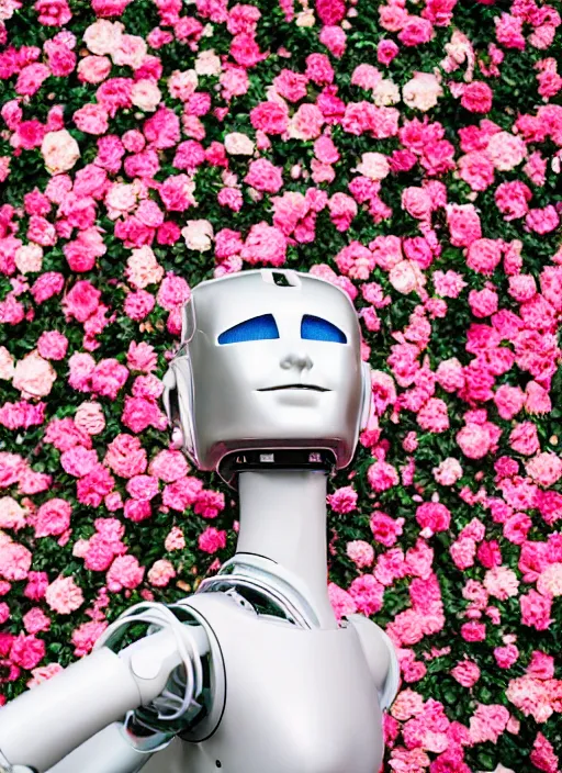 Image similar to a portrait photograph of a robot head in front of a wall of flowers designed by Balenciaga, 35mm, pentax, studio