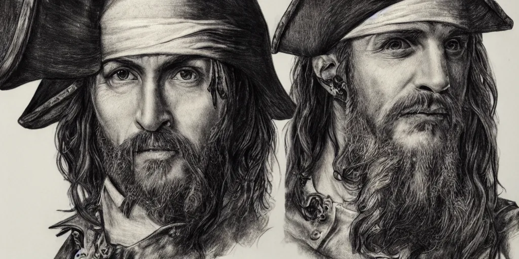 Image similar to realistic portrait of a handsome pirate captain with black hair, 1450, ink, ultra realistic, 8k