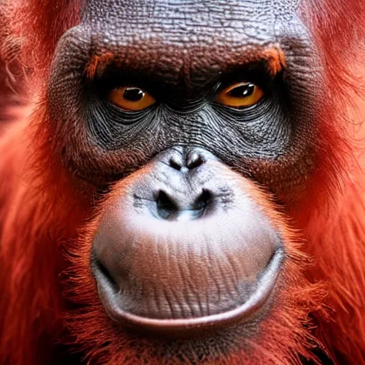 Image similar to demonic balrog orangutan, close up of face, uh oh stinky