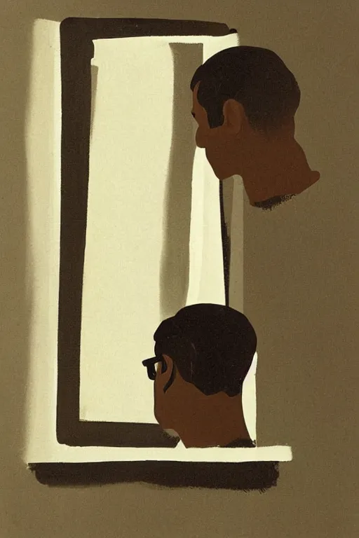 Image similar to man looking at his reflection in the mirror, 1960’s minimalist advertising illustration, painterly, expressive brush strokes