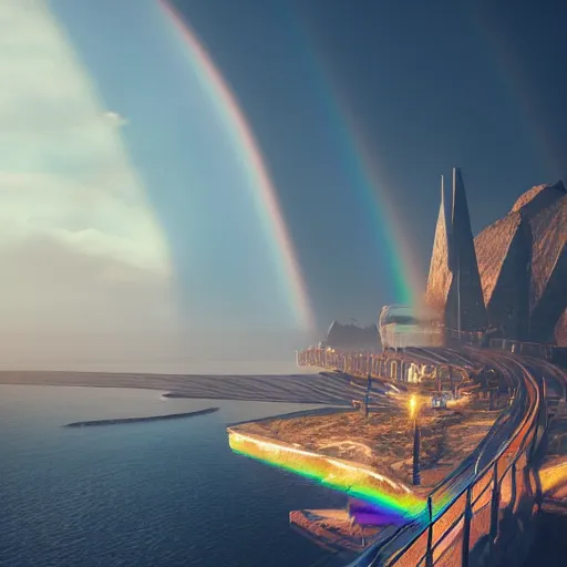 Image similar to a golden fantasy sci fi luxurious city with cerulean oceansides and a rainbow hard light bridge, scandinavian / norse influenced, cinematic, ray traced, octane render, cinematic lighting, ultrarealistic, featured on artstation, 8 k uhd artwork