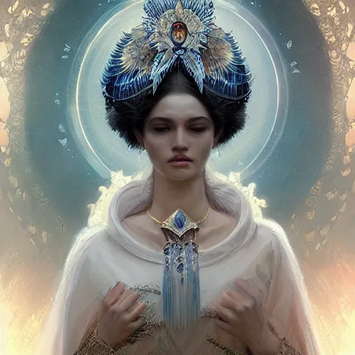 Image similar to A beautiful digital painting of a female Seraphim full of jewels, princess, the moon behind her, intricate, cinematic lighting, highly detailed, digital painting, Artstation, concept art, smooth, sharp focus, illustration, art by Tom Bagshaw, Artgerm and Greg Rutkowski