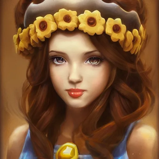 Image similar to cute princess daisy from super mario as realistic brunette human character art portrait, matte fantasy painting, deviantart artstation, by jason felix by steve argyle by tyler jacobson by peter mohrbacher, cinema c 9. 0