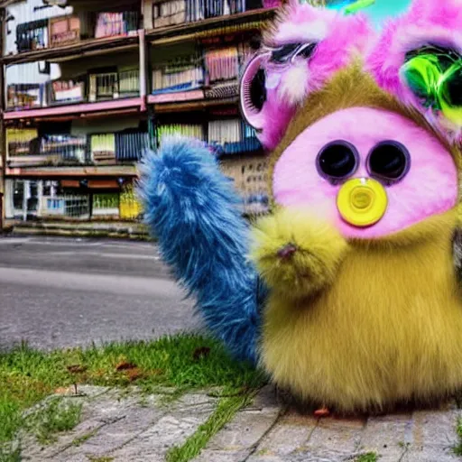 Image similar to giant furby spider attacking a small town