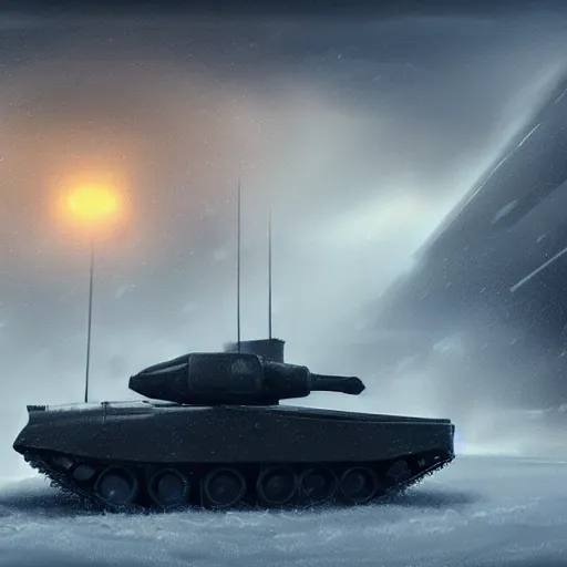 Image similar to beautiful concept art of a futuristic tank against a snowy backdrop, moody light, cinematic, as seen on artstation, denis villeneuve